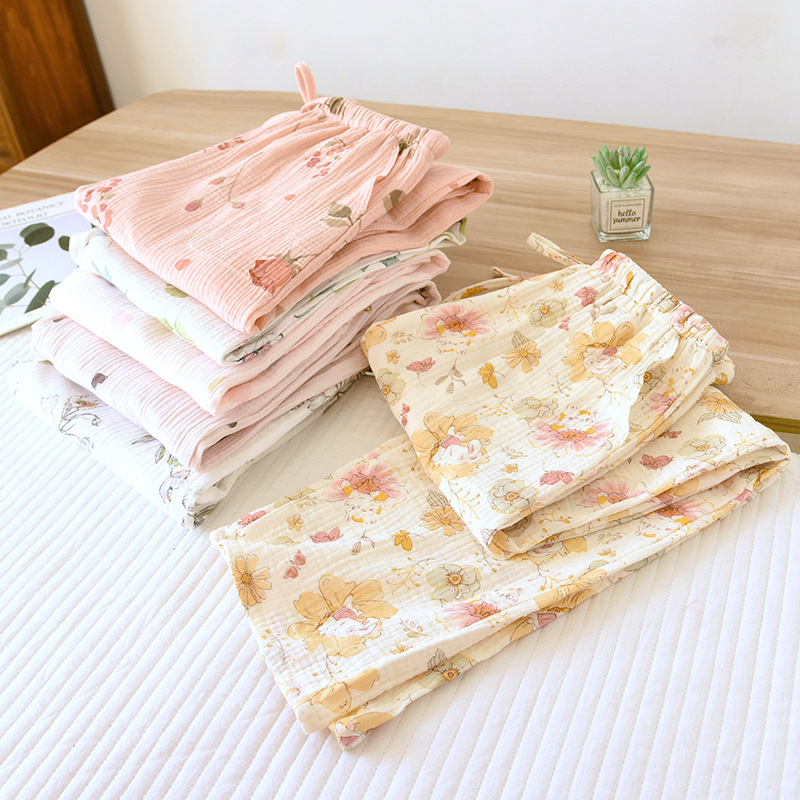 Осенние хлопковые марлевые тонкие штаны для отдыха, цветочный принт