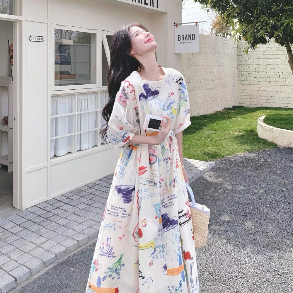 Супер красивое летнее игривое женское платье в стиле граффити, новинка 2026, непринужденная корейская нишевая юбка А-силуэта