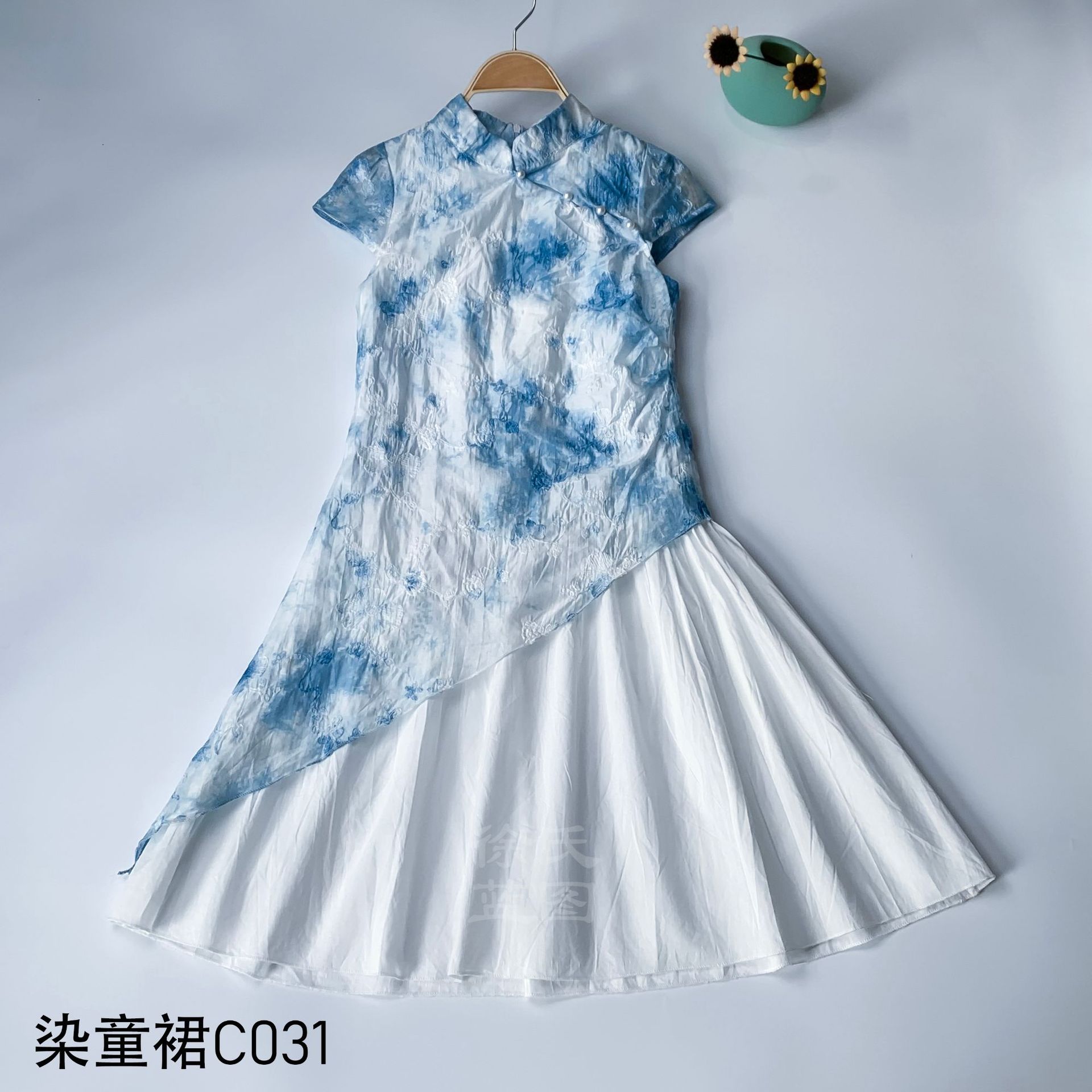 Платье для девочек в китайском стиле Dali, платье в стиле Cheongsam с вышивкой, синие окрашенные рукава, нестандартное летнее детское платье