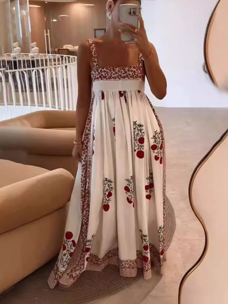 Модное длинное платье, европейский стиль, высокая талия, в цветочек