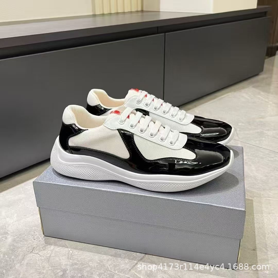 (Трансграничная торговля), Prada, низкие комфортные дышащие повседневные однотонные кроссовки из лакированной кожи для отдыха, круглый носок