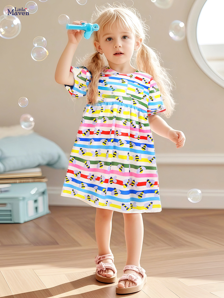 Little maven Летнее детское платье с коротким рукавом, хлопковый мультяшный наряд маленькой принцессы, европейский стиль