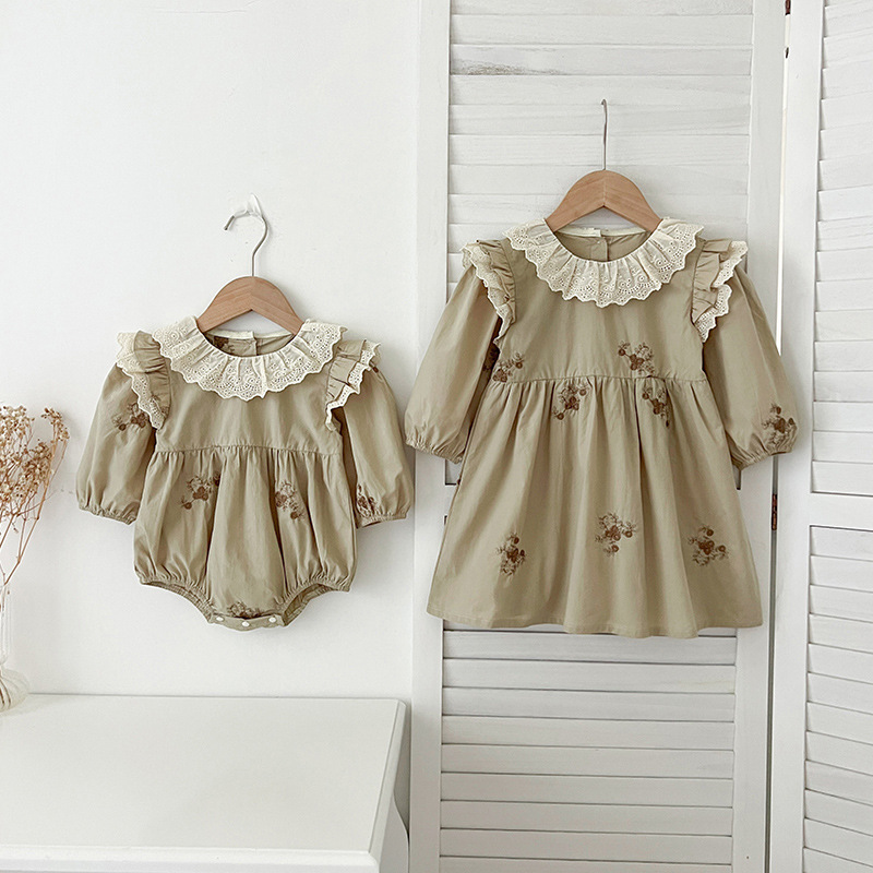 Осеннее детское боди для раннего возраста, лонгслив, платье, с вышивкой, стиль «принцесса»
