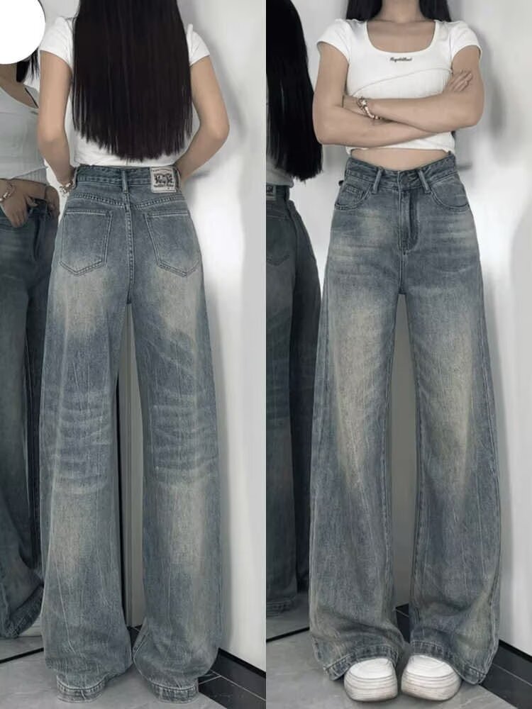 Ретро джинсы, дизайнерские однотонные штаны, тренд сезона, для формы тела «груша», высокая талия, свободный прямой крой